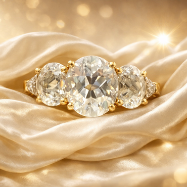 Three-Stone Oval White Topaz Ring in 14K Yellow Gold with Diamond Accents