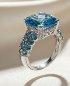 18K White Gold Checkerboard Blue Topaz & London Blue Topaz Ring