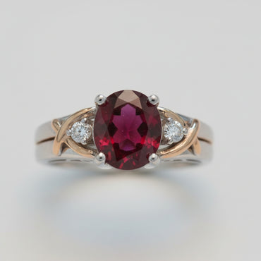 14K Two-Tone Gold Oval Garnet & Diamond Ring