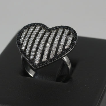 Midnight Monochromatic Striped Heart Ring