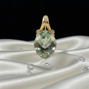 14KT Yellow Gold Oval Green Amethyst & Diamond Accent Pendant