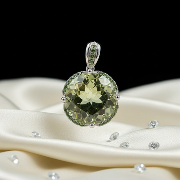White Gold Round Checkerboard Green Amethyst & Green Stone Halo Pendant