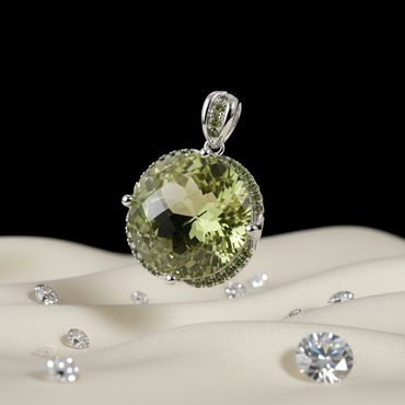 White Gold Round Checkerboard Green Amethyst & Green Stone Halo Pendant