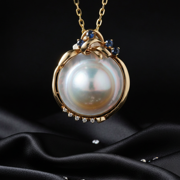 Yellow Gold Mabé Pearl, Sapphire & Diamond Pendant Necklace