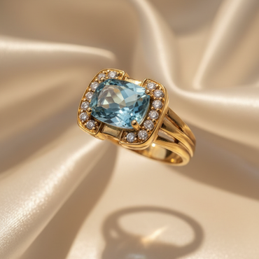 18K Yellow Gold East-West Cushion Aquamarine Halo Ring with Channel-Set Diamonds