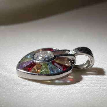 14K white gold multi-gemstone heart pendant with CZ center, side profile