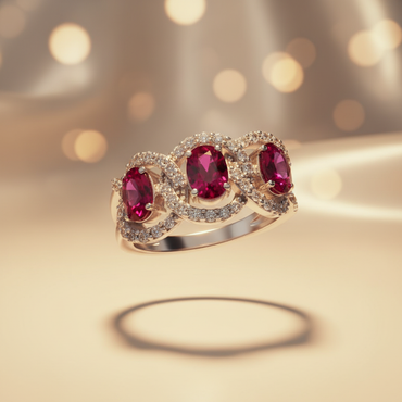 14K White Gold Three-Stone Oval Ruby & Diamond Halo Ring - Top View