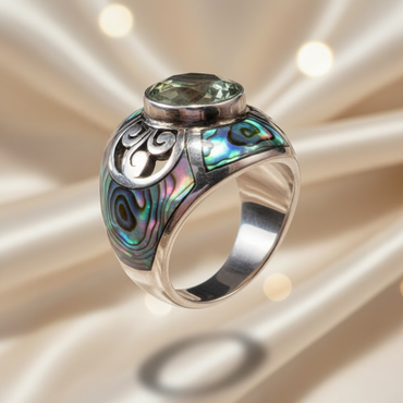 Sterling Silver Green Amethyst Abalone Shell Ring - Side View