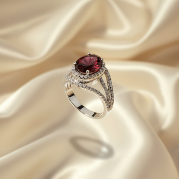 14K White Gold Oval Garnet & Diamond Halo Split Shank Ring - Angle View