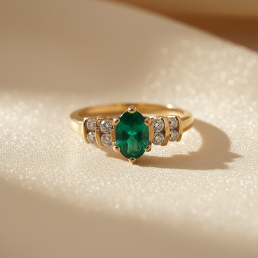 14K Yellow Gold Oval Emerald & Diamond Ring - editorial front elevated