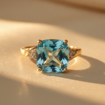 10K Yellow Gold Blue Topaz & Diamond Ring - close-up detail