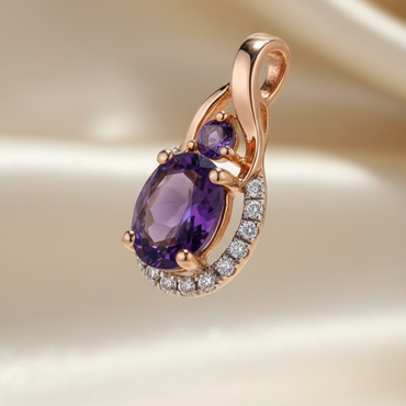 14K Rose Gold Oval Amethyst & Diamond Halo Pendant - three-quarter angle