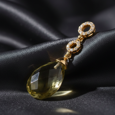 14K Yellow Gold Olive Quartz Briolette and Diamond Pendant – Three-Quarter Angle