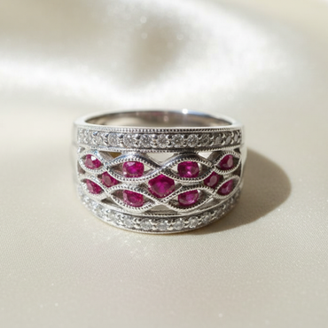 14K white gold ruby and diamond lattice wide band ring, top-down view