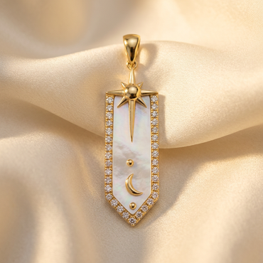 DOV 18K yellow gold mother-of-pearl diamond star and moon pendant, front view