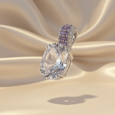 14K White Gold Oval Amethyst Pendant with Amethyst Pavé Bail & Diamond Accents - Three-Quarter View