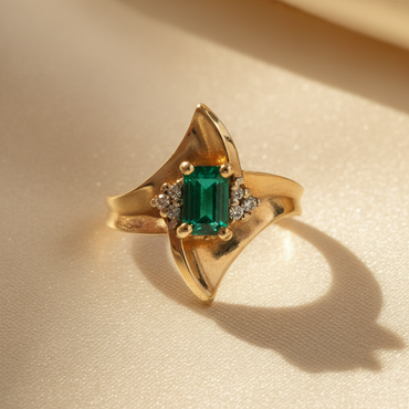 10K Yellow Gold Created Emerald-Cut Emerald & Diamond Ring - marketing image 2