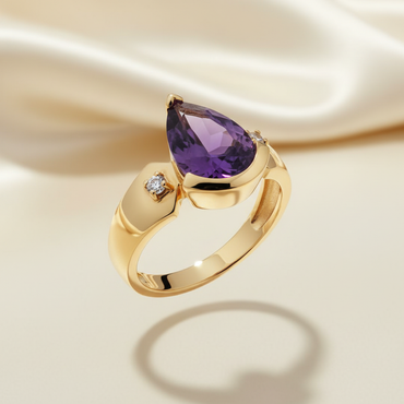 14K Yellow Gold Pear Amethyst Diamond Crescent Bypass Ring — Three-Quarter View