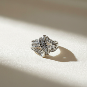10K White Gold Diamond Bypass Wave Ring - angle view