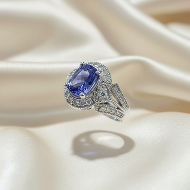 14K White Gold 6x4mm Oval Tanzanite Ring with Diamond Halo & Open Filigree Scroll Shank - Three-Quarter View