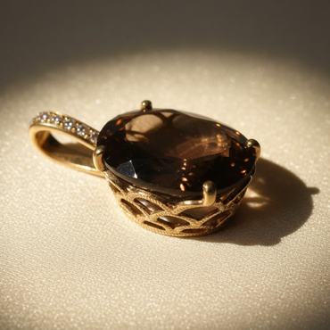 14K Yellow Gold Oval Brown Quartz and Diamond Pendant - elevated angle view