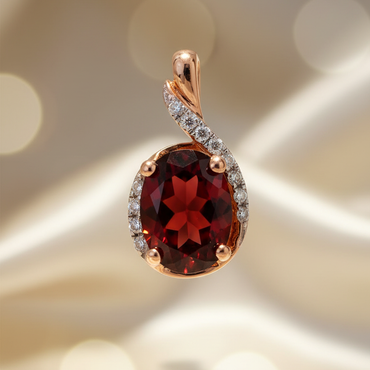 14K rose gold oval garnet and diamond pendant three-quarter view