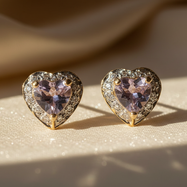 14K Yellow Gold Heart Amethyst & Diamond Earrings - editorial side
