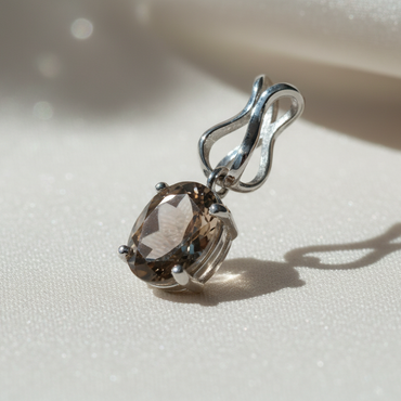 14K White Gold Oval Smoky Quartz Pendant with Wishbone Bail - three quarter view