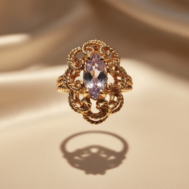 10K Yellow Gold Vintage Filigree Rope-Twist Amethyst Ring — Front View