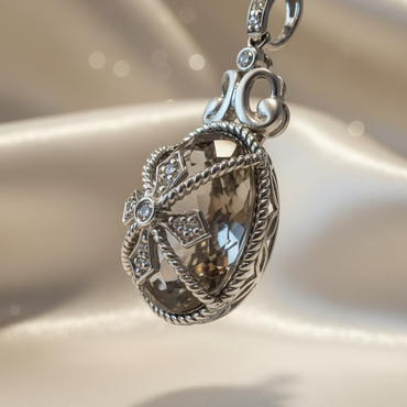 14K white gold smoky quartz and diamond pendant three-quarter view