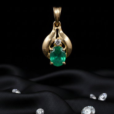 14K White Gold Oval Emerald Diamond Pendant - Full View