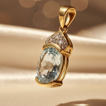 14K yellow gold .97ct aquamarine and diamond pendant, three-quarter side view