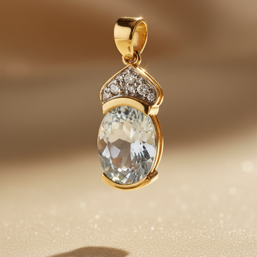 14K yellow gold .97ct aquamarine and diamond pendant, elevated angle