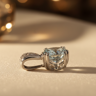 14K White Gold Round Aquamarine & Diamond Pendant - editorial side