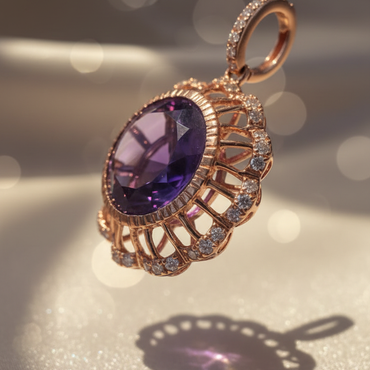 14K Rose Gold Amethyst & Diamond Filigree Pendant - angled side view