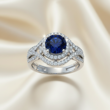 14K White Gold 1.7ct Blue Sapphire Double Swirl Halo Diamond Ring — Front View