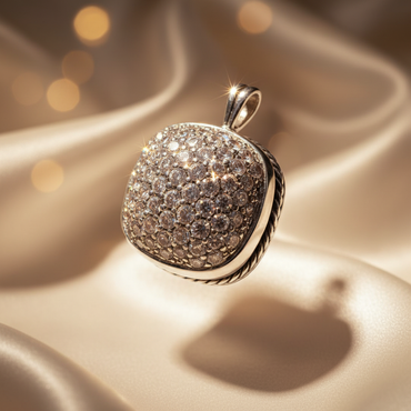 Sterling Silver Pavé CZ Cushion Pendant - Three-Quarter View