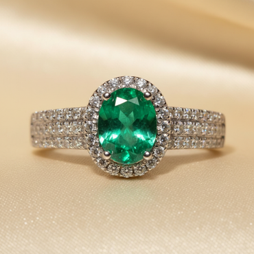 18K White Gold Oval Emerald & Diamond Halo Ring - editorial close up