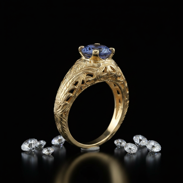 14K Yellow Gold Antique Filigree Tanzanite Ring - Side Profile