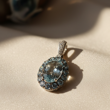 14K White Gold Oval Aquamarine Halo & Diamond Pendant - editorial front