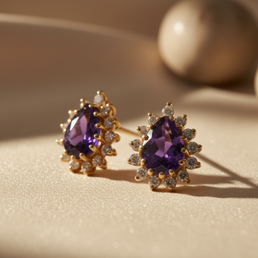 14K Yellow Gold Pear Amethyst & Diamond Halo Earrings - editorial three-quarter
