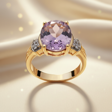 14K Yellow Gold Oval Amethyst Pavé Diamond Fluted Band Ring — Front View