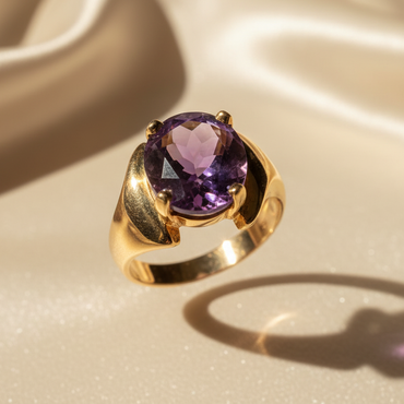 14K Yellow Gold Oval Amethyst Solitaire Ring - front view