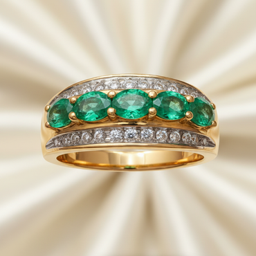 14K yellow gold five-stone emerald and .25ctw diamond channel ring, top-down view