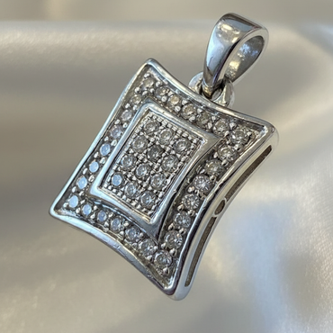 14K white gold diamond cushion shield pendant three-quarter view