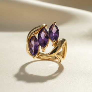10K Yellow Gold Three-Stone Marquise Amethyst Fan Ring - Three-Quarter View