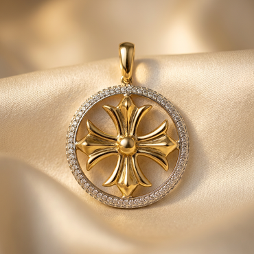 10K yellow gold diamond fashion cross pendant, front view on cream satin