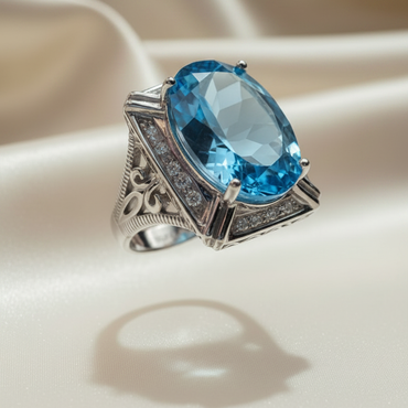 10K white gold oval blue topaz and diamond ring elevated front view