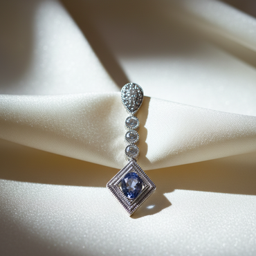 14K White Gold Diamond & Oval Tanzanite Art Deco Drop Pendant - Front View