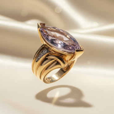 14K Yellow Gold Marquise Amethyst Sculptural Ring — Three-Quarter View